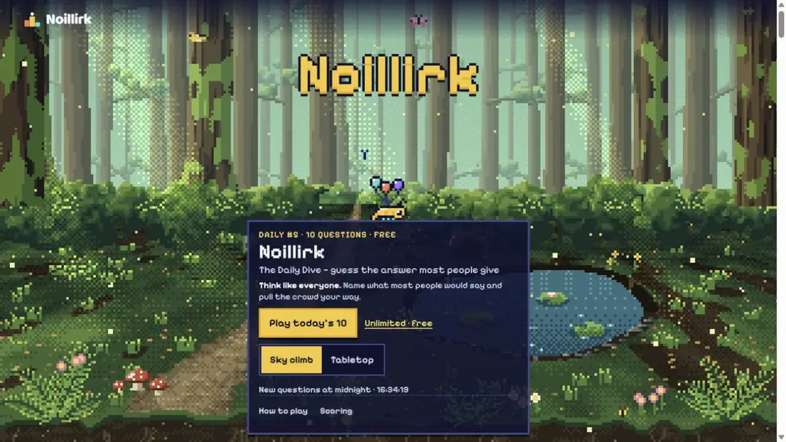Actual Noillirk opening screen in its pixel-art forest, with the Daily play button